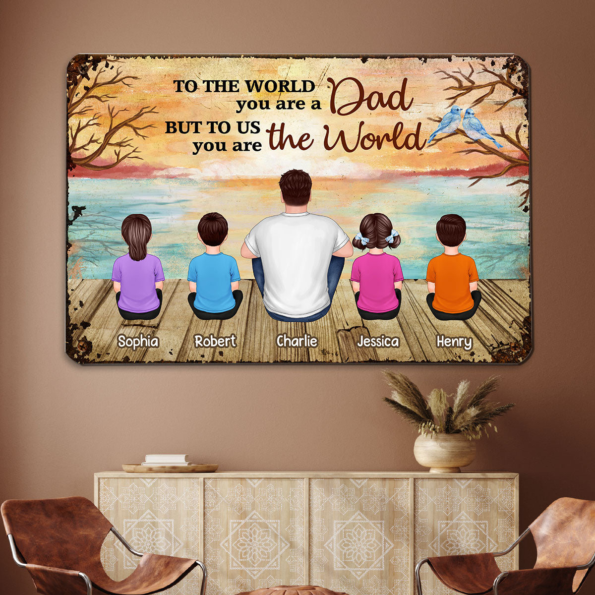 Lake View Dad Grandpa We Love You Back View Dad And Kids Dogs Cats Sitting Personalized Metal Sign