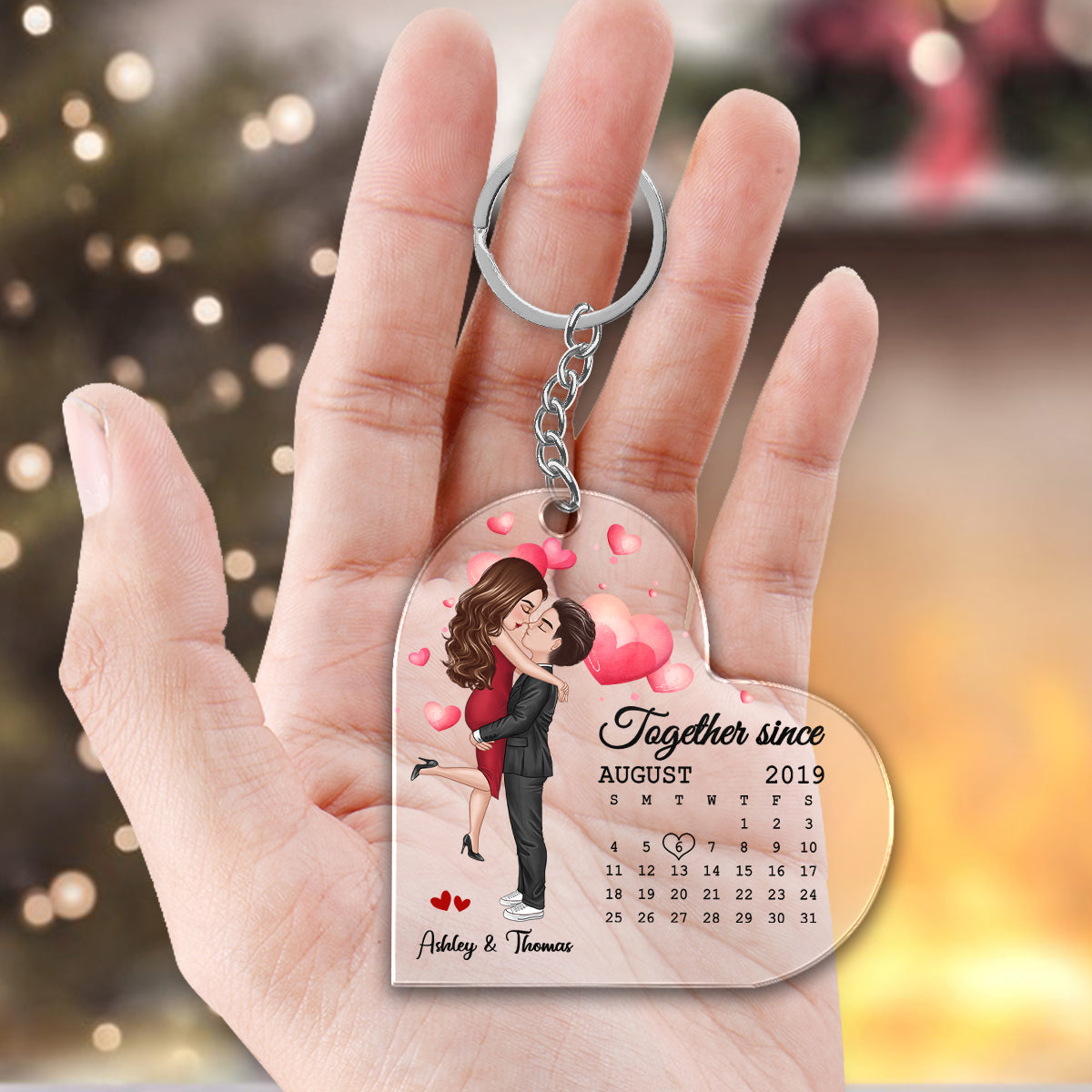 Doll Couple Hugging Kissing Calendar Anniversary Date Personalized Heart Shaped Acrylic Keychain - Gift For Him, Gift For Her