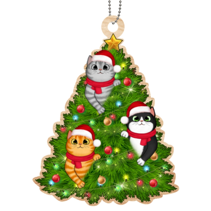 Fluffy Cats Playing On Christmas Tree Personalized Wooden Ornament