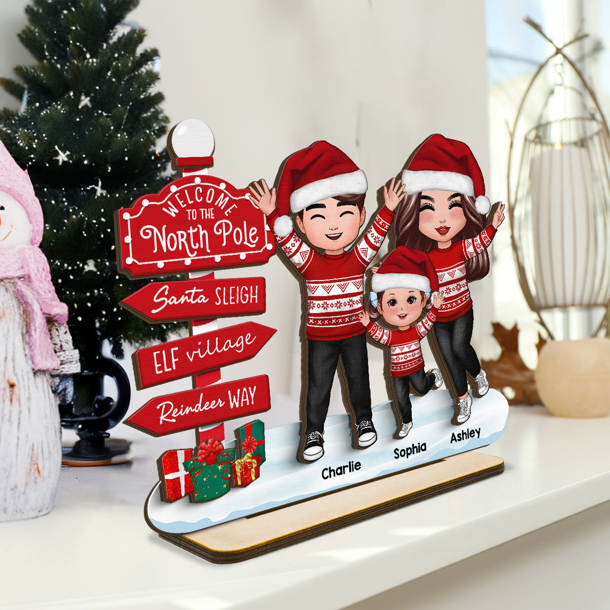 Happy Family With Christmas North Pole Sign Personalized 2-Layer Standing Wooden Plaque, Christmas Decoration