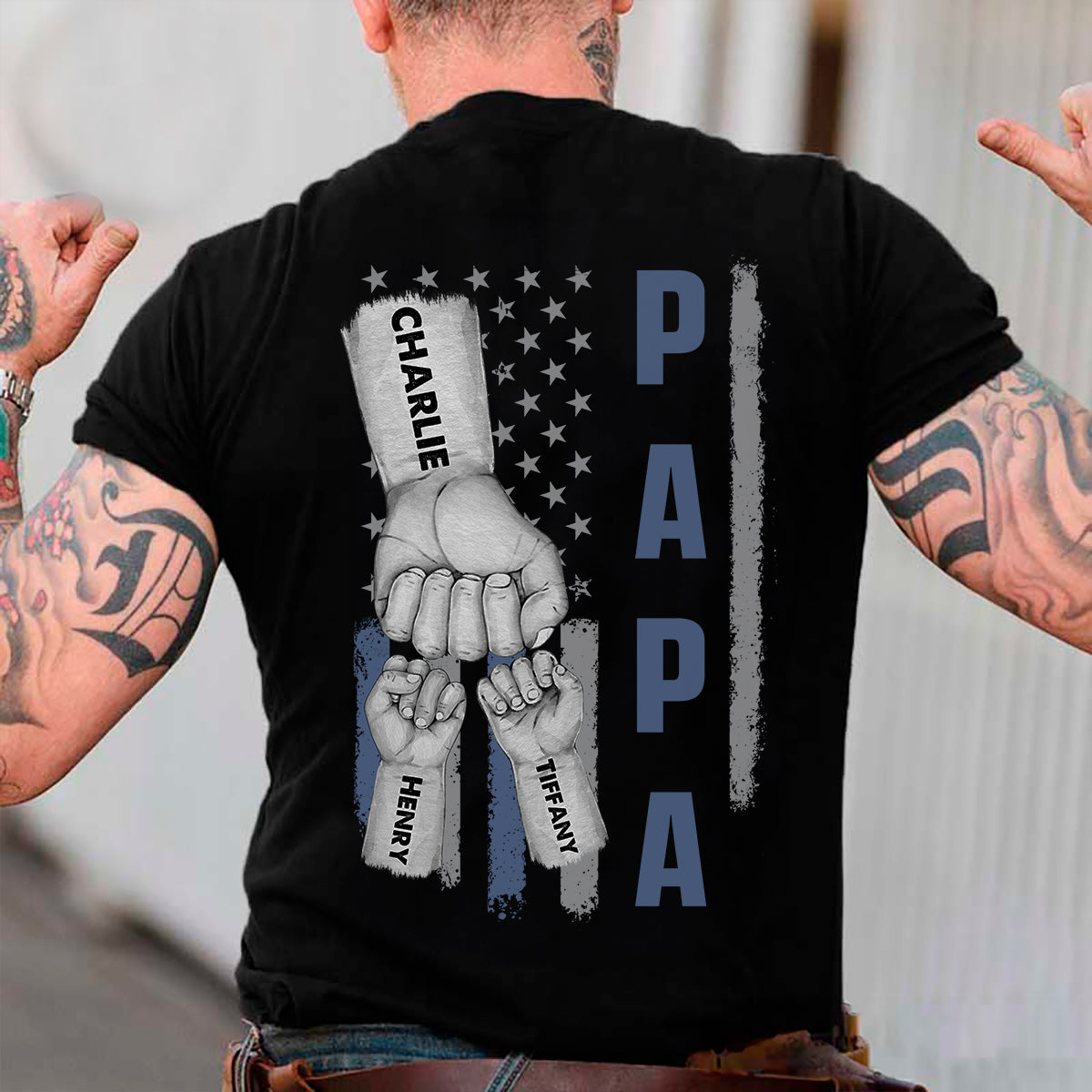 Dad Papa Grandpa Fist Bump American Flag Personalized Back Printed Shirt
