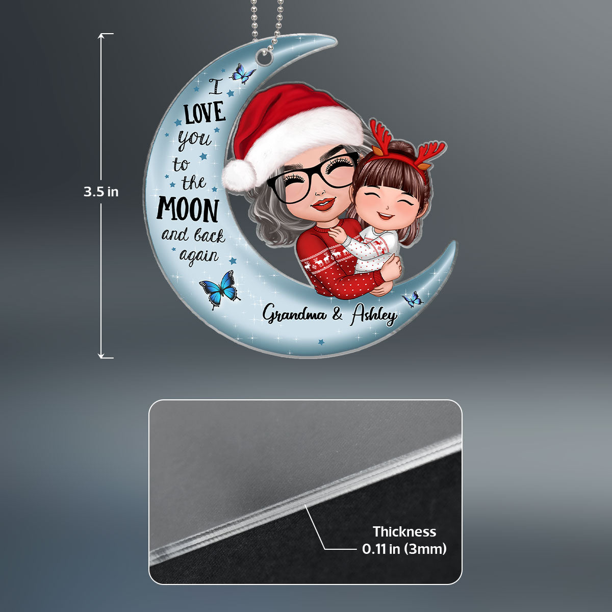 Christmas Doll Grandma & Kid Hugging On Moon Christmas Gift Personalized Acrylic Ornament