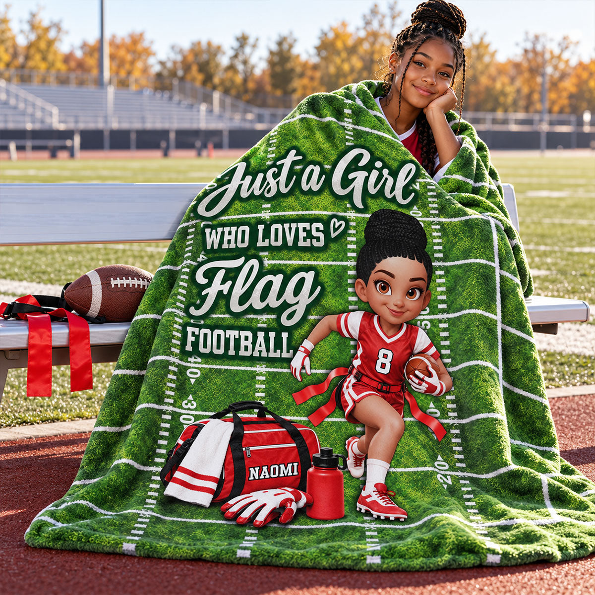 Just a Girl Who Loves Flag Football - Personalized Fleece Blanket - Christmas Gift for Daughter, Granddaughter, Niece