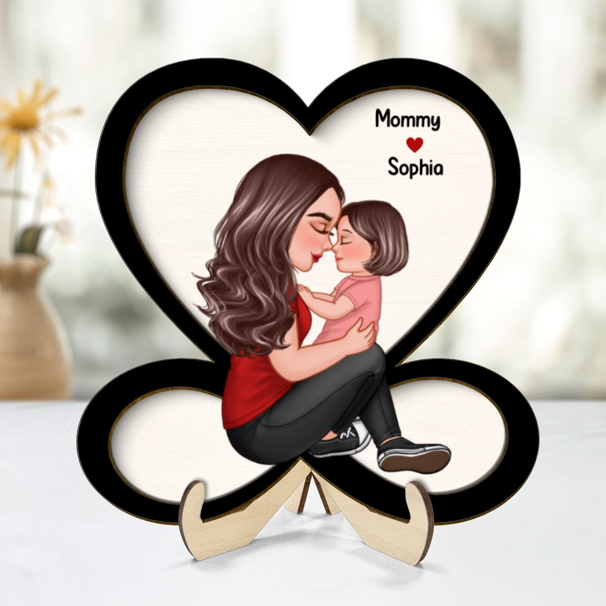 Grandma Mom Holding Kid Sitting On Heart Infinity Personalized 2-layer Wooden Plaque