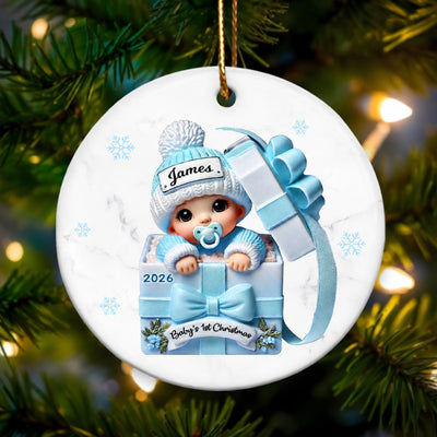 Baby Inside Gift Box Personalized Ceramic Ornament, Baby First Christmas Keepsake
