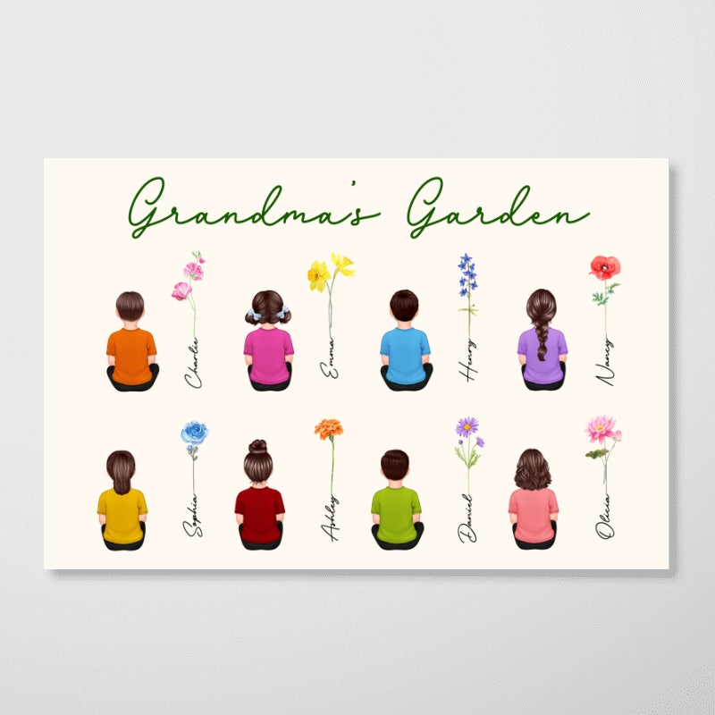 Grandkids Sitting Grandma Garden Watercolor Birth Month Flowers Mother‘s Day Gift Personalized Horizontal Poster