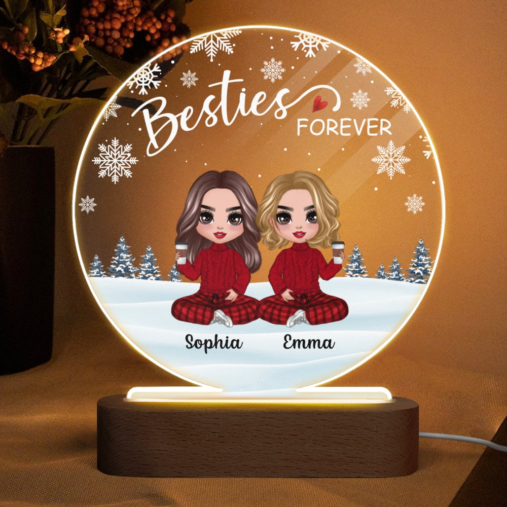 Doll Besties Sitting Snow Background Personalized Circle Acrylic Plaque LED Lamp Night Light
