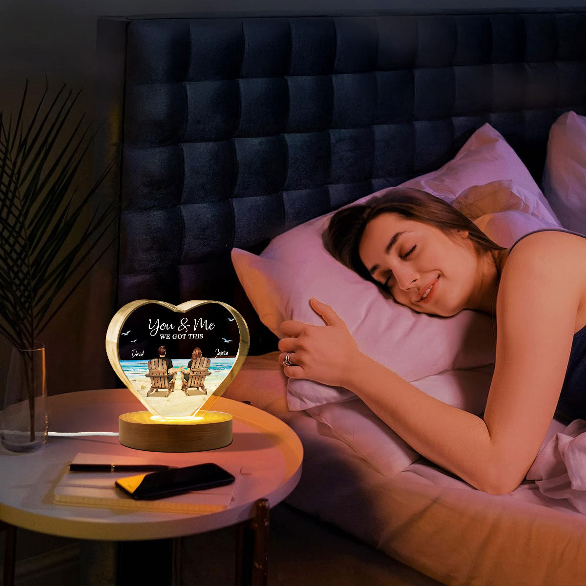 Couple Sitting At Beach Personalized Premium Crystal Heart LED, A Timeless Treasure Full of Emotion