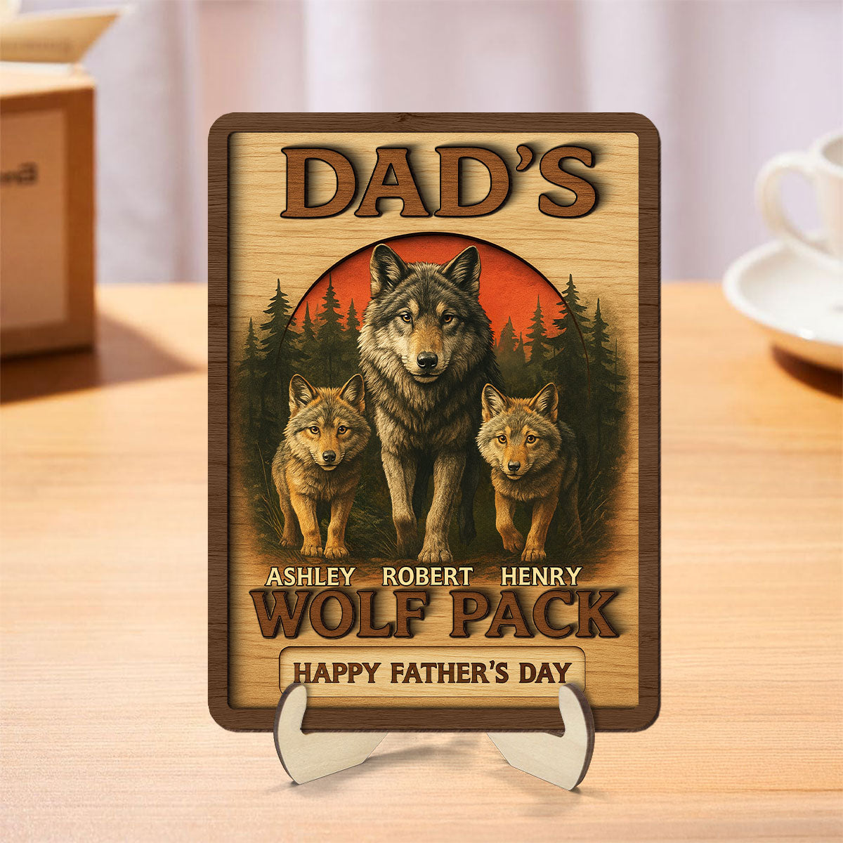 Dad's Wolf Pack Personalized 2-Layered Wooden Plaque, Father's Day Gift for Dad