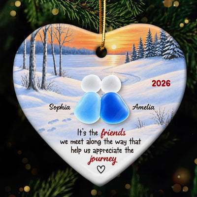 Friends Along The Way Winter Sunset Heart - Personalized Ceramic Ornament With Acrylic Pieces - Christmas Gift For Best Friend, Bestie, Soul Sister, Friendship Keepsake