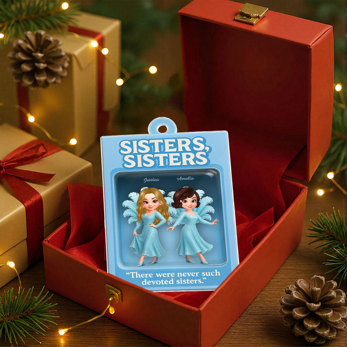 3D Effect Blue Dress Sisters Besties Inside Toy Box Personalized Acrylic Ornament