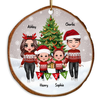 Whole Family Doll Mom Dad Kid Dog Cat By Christmas Tree In Snow 2023 Wood Slice Personalized Wooden Ornament