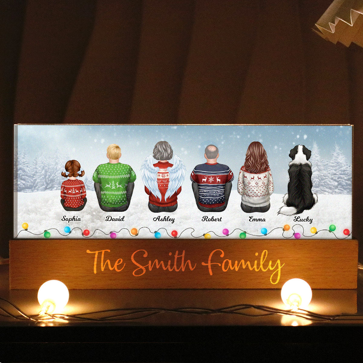 Family Back View Sitting In Snow Christmas Light Personalized Acrylic Block LED Night Light