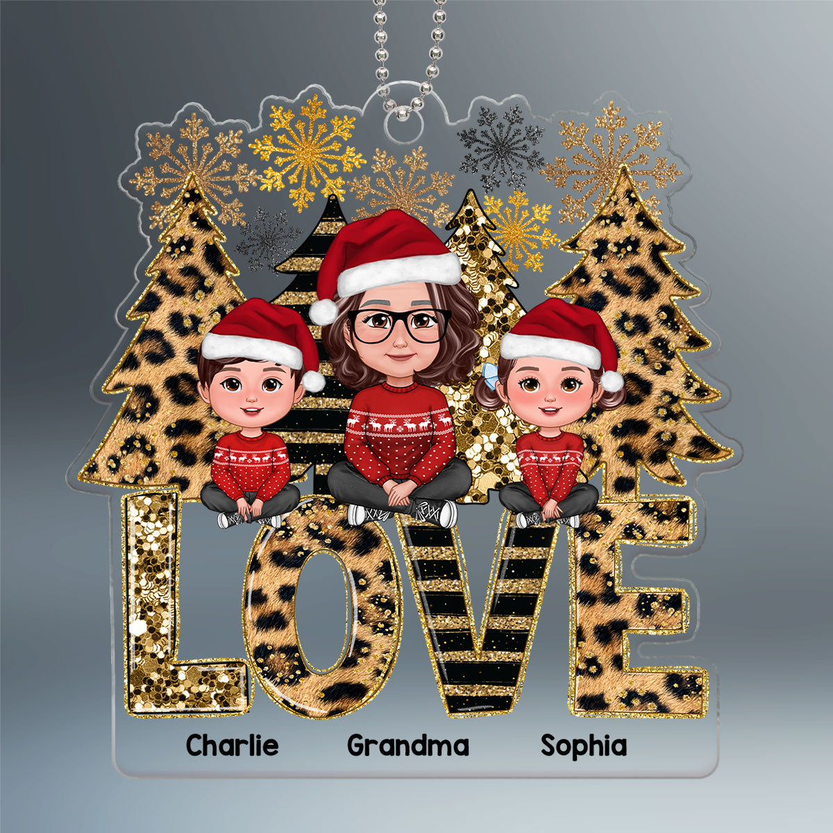 Leopard Stripes Pattern Christmas Tree Grandma Grandkids Personalized Acrylic Ornament