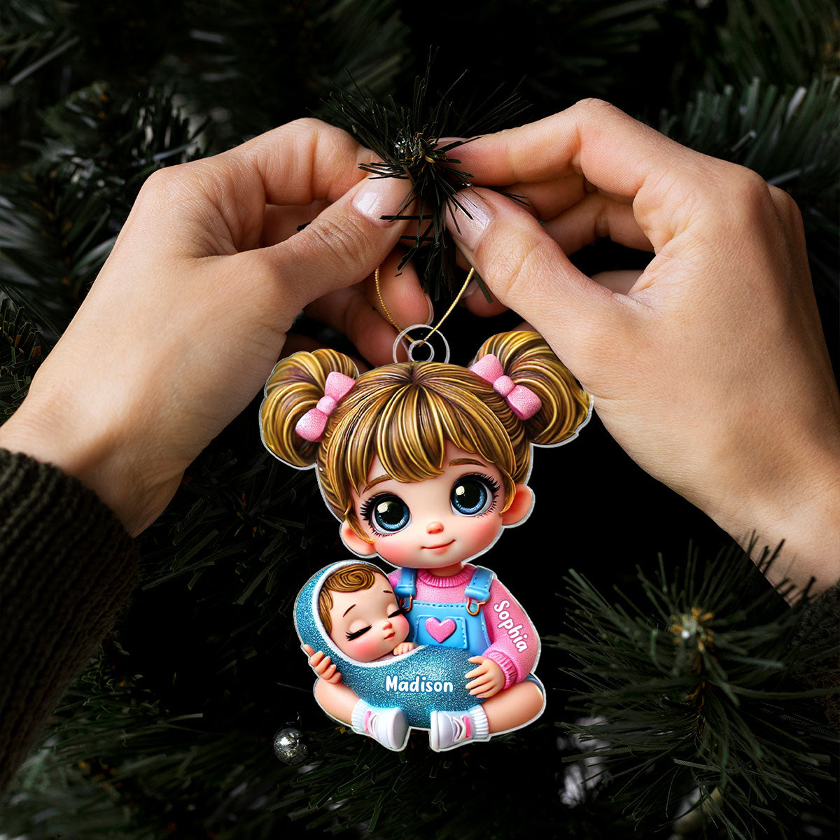 Personalized Big Sister Holding Baby Personalized 2D Flat Acrylic Christmas Ornament, Christmas Gift For Daughter Granddaughter