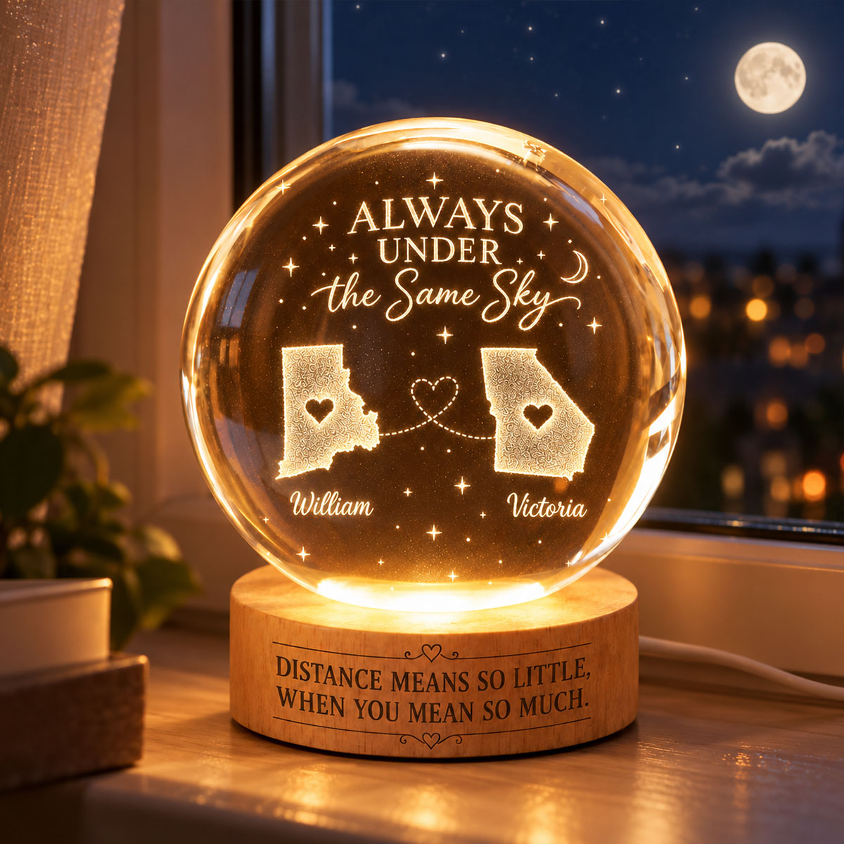Long Distance Family Custom State Map - Personalized Crystal Ball LED Night Light - Togetherness Christmas Gift for Family