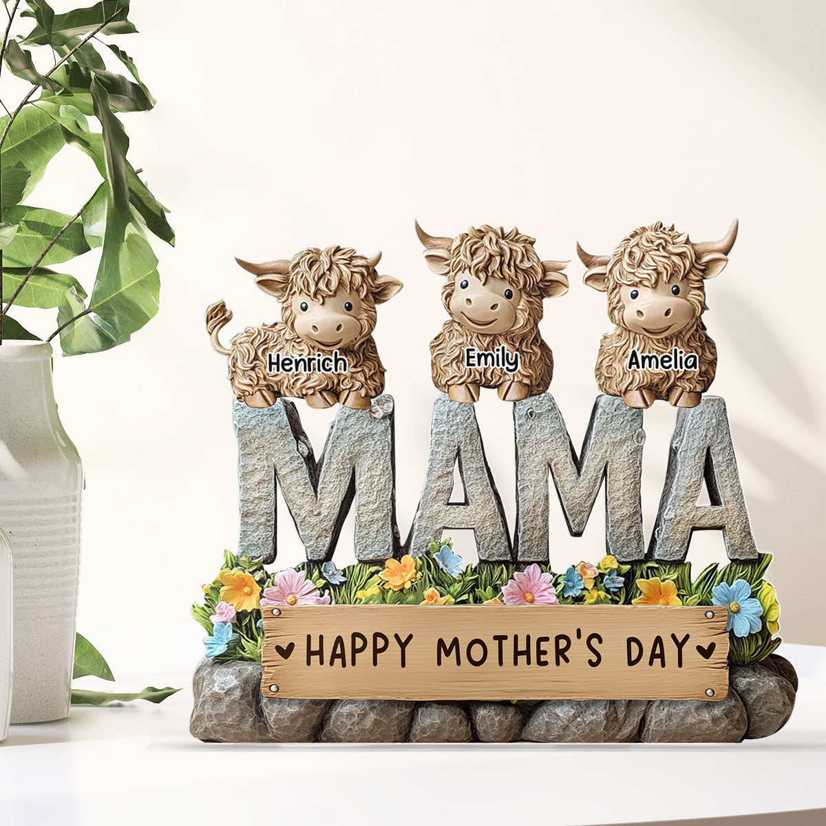 3D Effect Cute Highland Cows MAMA Custom Shaped Personalized Acrylic Plaque, Perfect 2025 Keepsake, Gift For Mom, For Wife