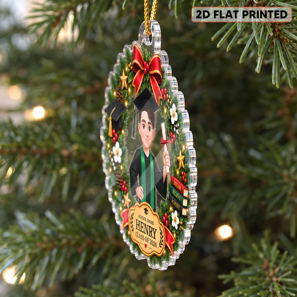 Senior Graduation Wreath 2D Flat - Personalized Acrylic Ornament - Class of 2026 Keepsake, High School Graduate Gift