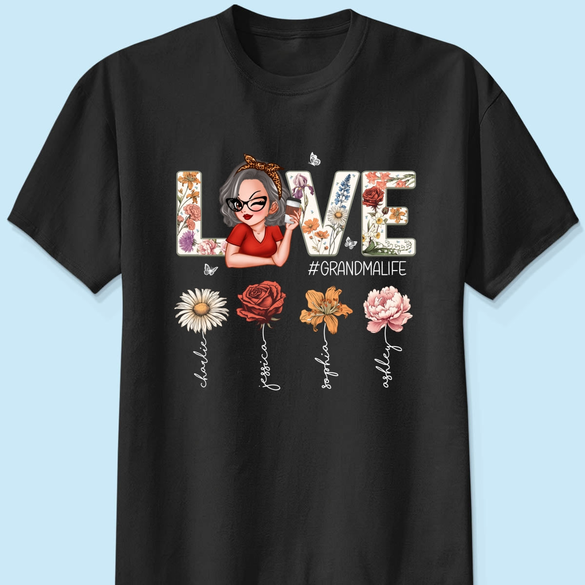 Love Grandma Life Vintage Birth Flowers With Kids Names Personalized Shirt