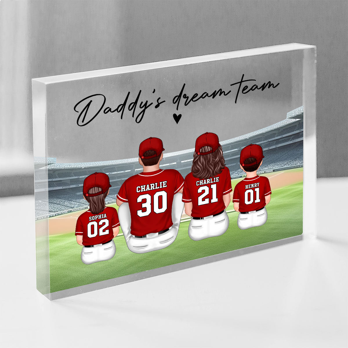 Daddy's Team Baseball Family Sitting Personalized Acrylic Block, Unique Father's Day Gift for Dad, Gift for Husband