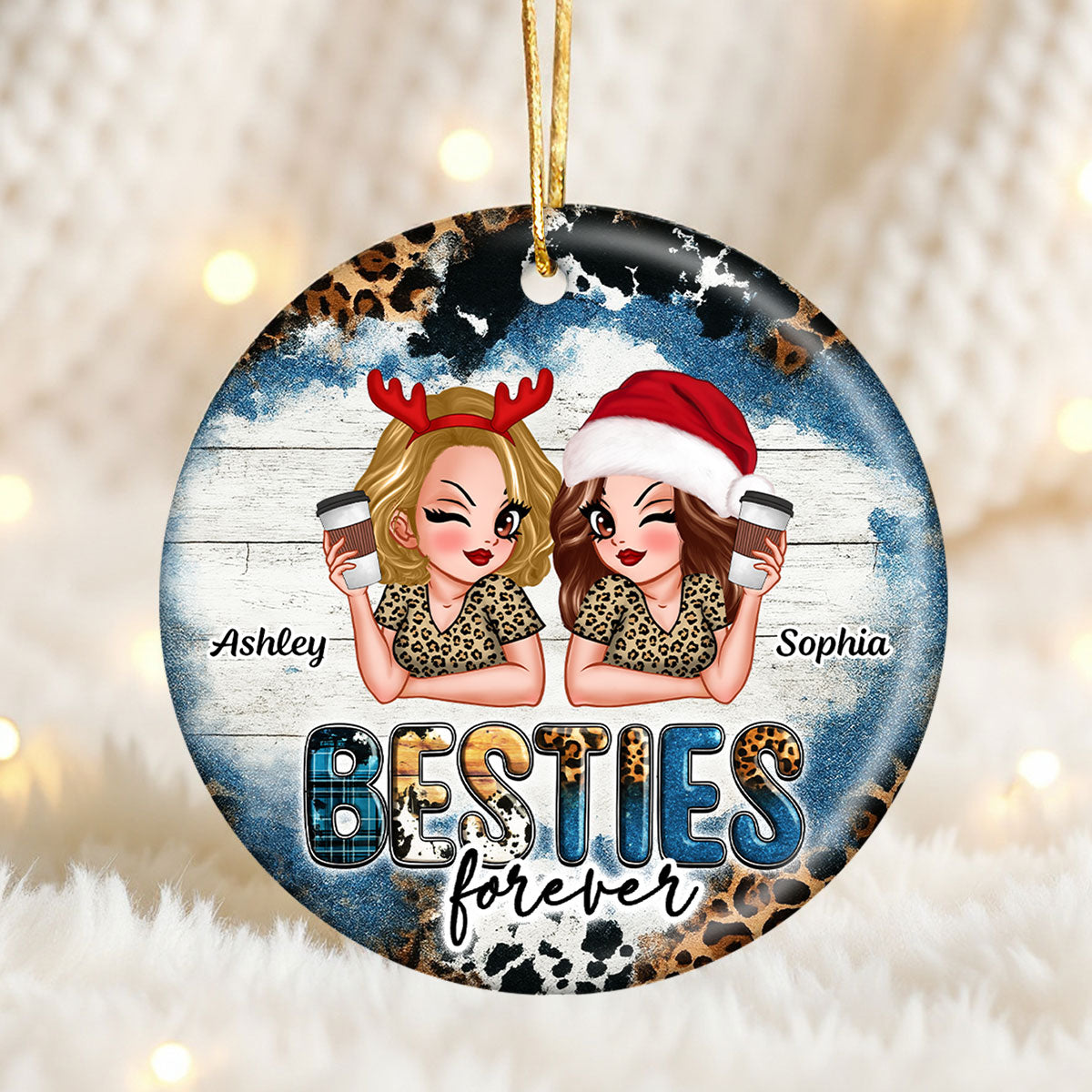 Besties Forever Western Christmas Personalized Ceramic Ornament, Christmas Gift for Best Friends, Sisters