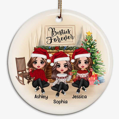 Doll Besties Sitting At Christmas Fireplace Personalized Circle Ornament