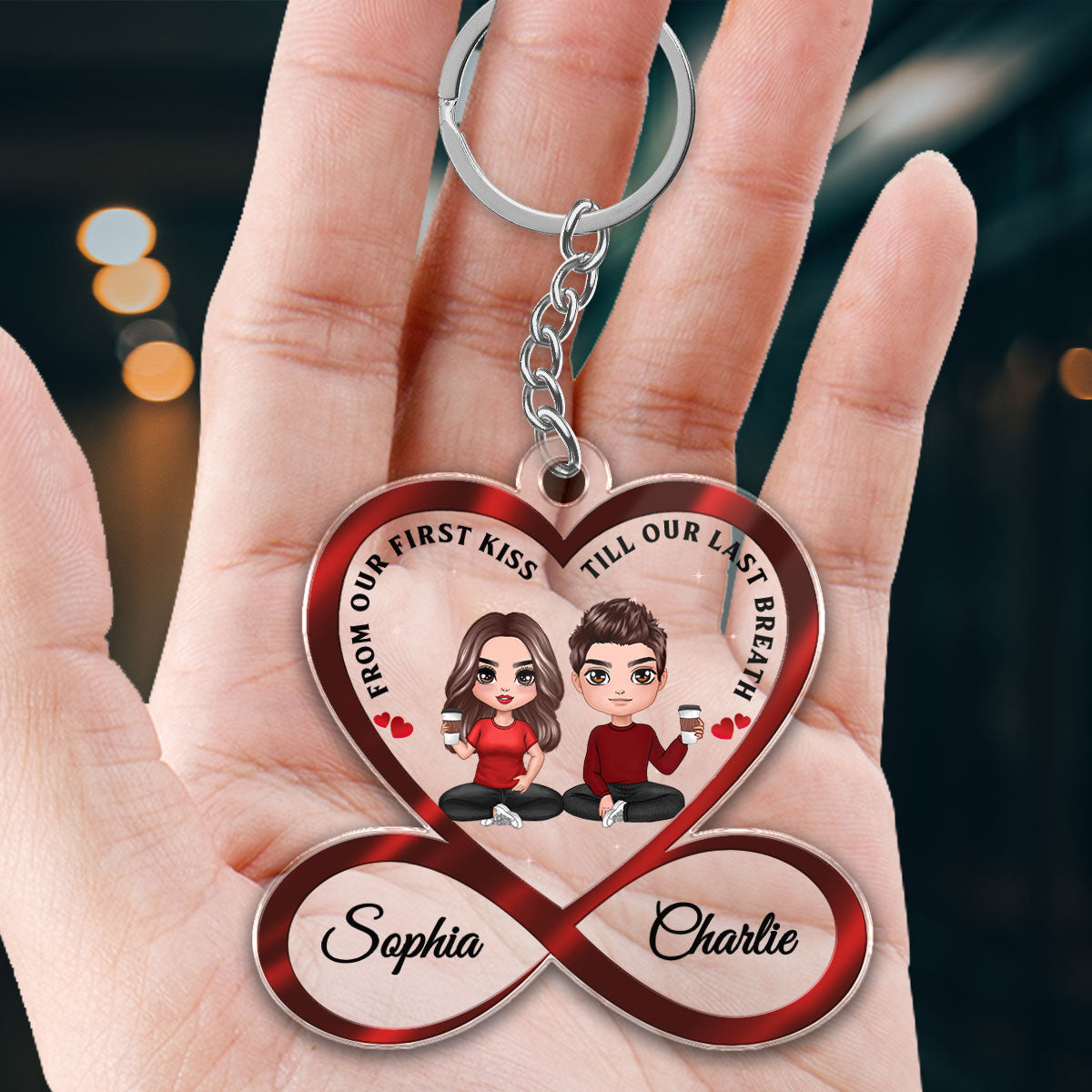 Infinity Heart Doll Couple Sitting Anniversary Gift For Him Gift For Her Personalized Acrylic Keychain