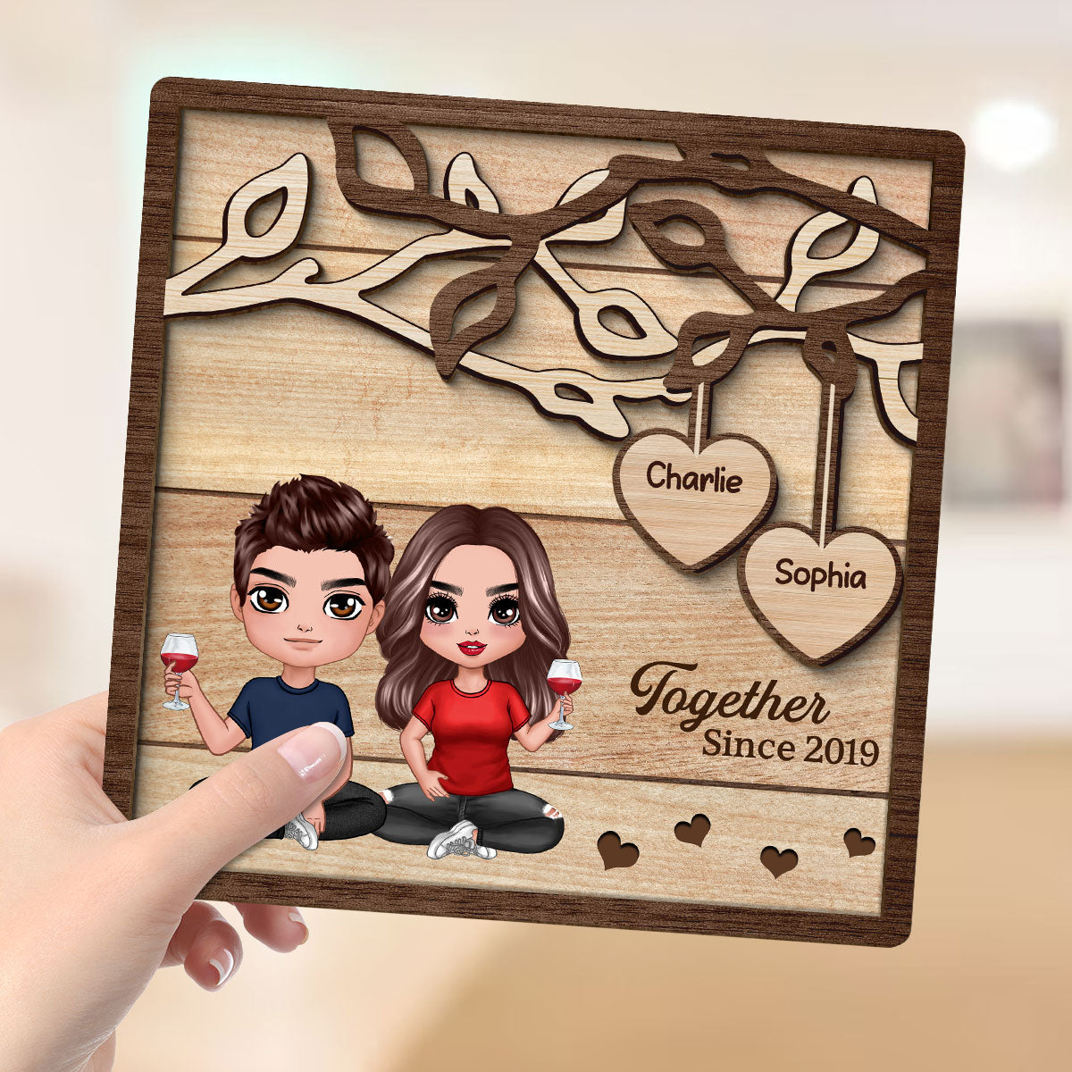 Doll Couple Sitting Under Tree Personalized 2-Layer Wooden Plaque