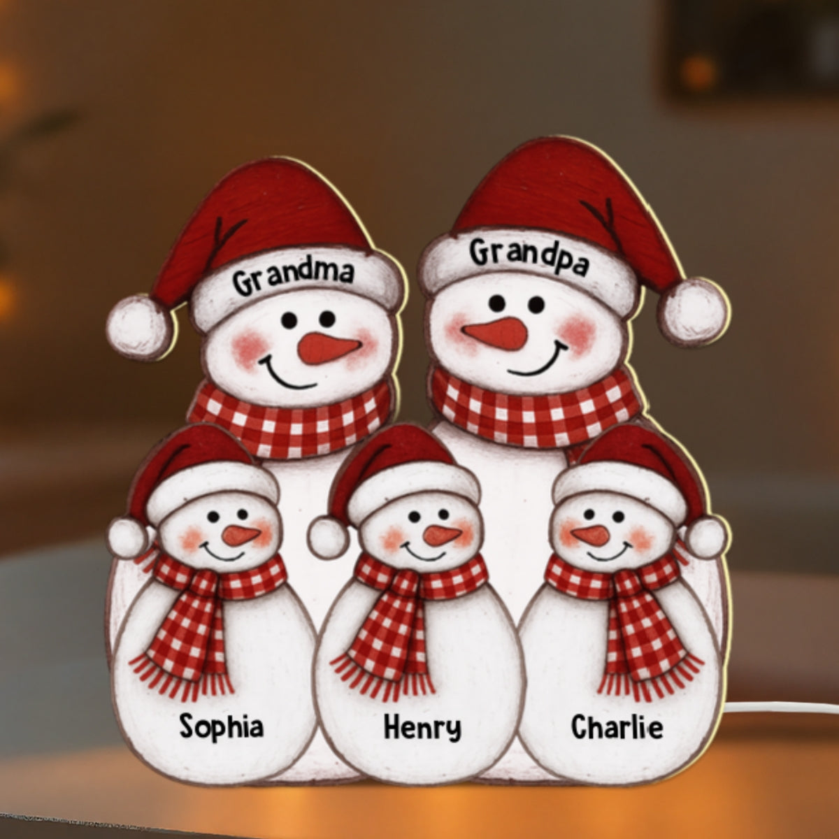 Folk Art Cute Snowman Grandma Grandpa & Grandkid - Personalized Light Box - Christmas Decor For Grandparents