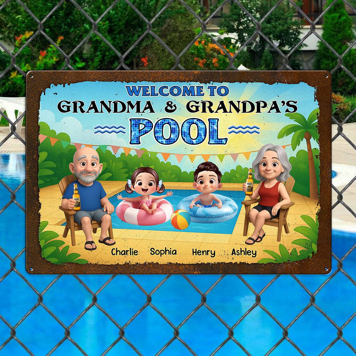 Welcome to Grandma & Grandpa's Pool Personalized Metal Sign, Grandparents Hosting Grandkids Summer Sign
