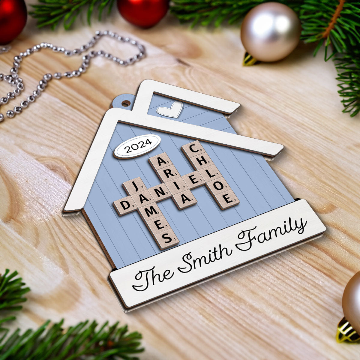House Shaped Family Names Puzzle Crossword Personalized 2-Layer Wooden Ornament, Christmas Gift For Family