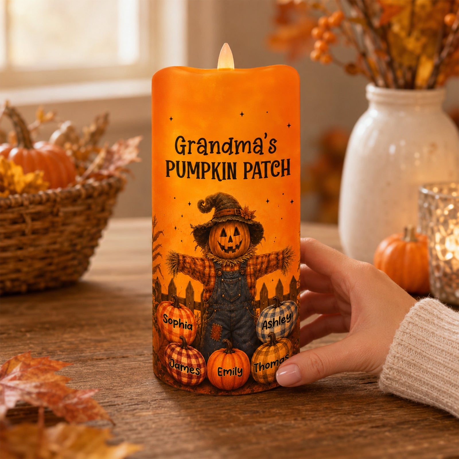 Grandma's Pumpkin Patch Scarecrow - Personalized LED Candle - Fall Season, Halloween Decor For Grandma