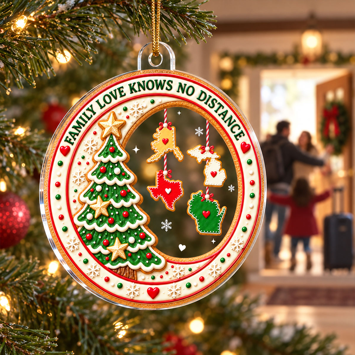 Family Love Knows No Distance Christmas Cookie States - Personalized Ornament - Long Distance Family Gift