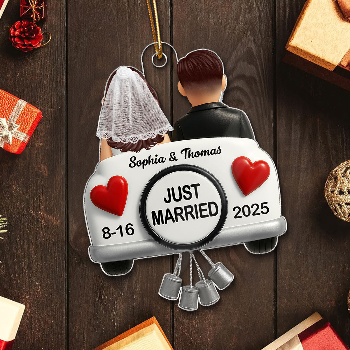 3D Effect Just Married Couple First Christmas Married Personalized Flat Acrylic Ornament, Gift For Newly Wedding Couple