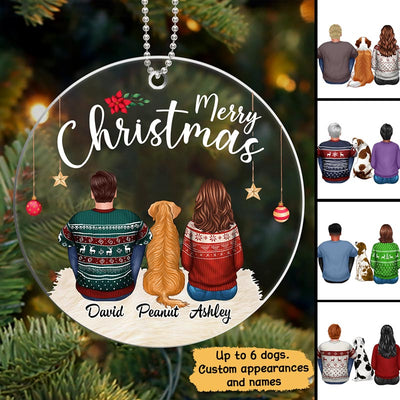 Couple Sitting With Dogs Christmas Personalized Acrylic Ornament