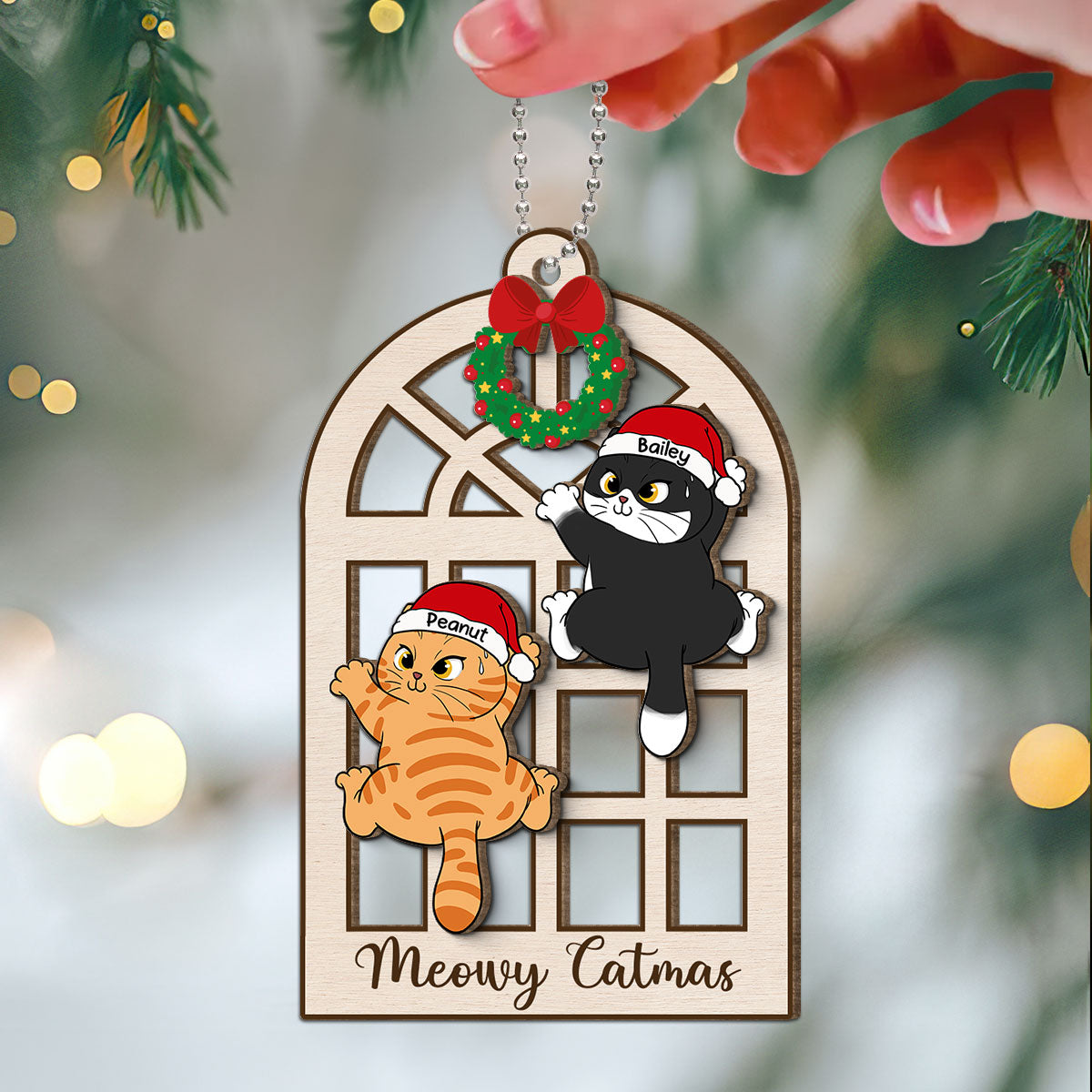 Meowy Catmas Cats Climb Window Personalized 2-Layer Wooden Ornament