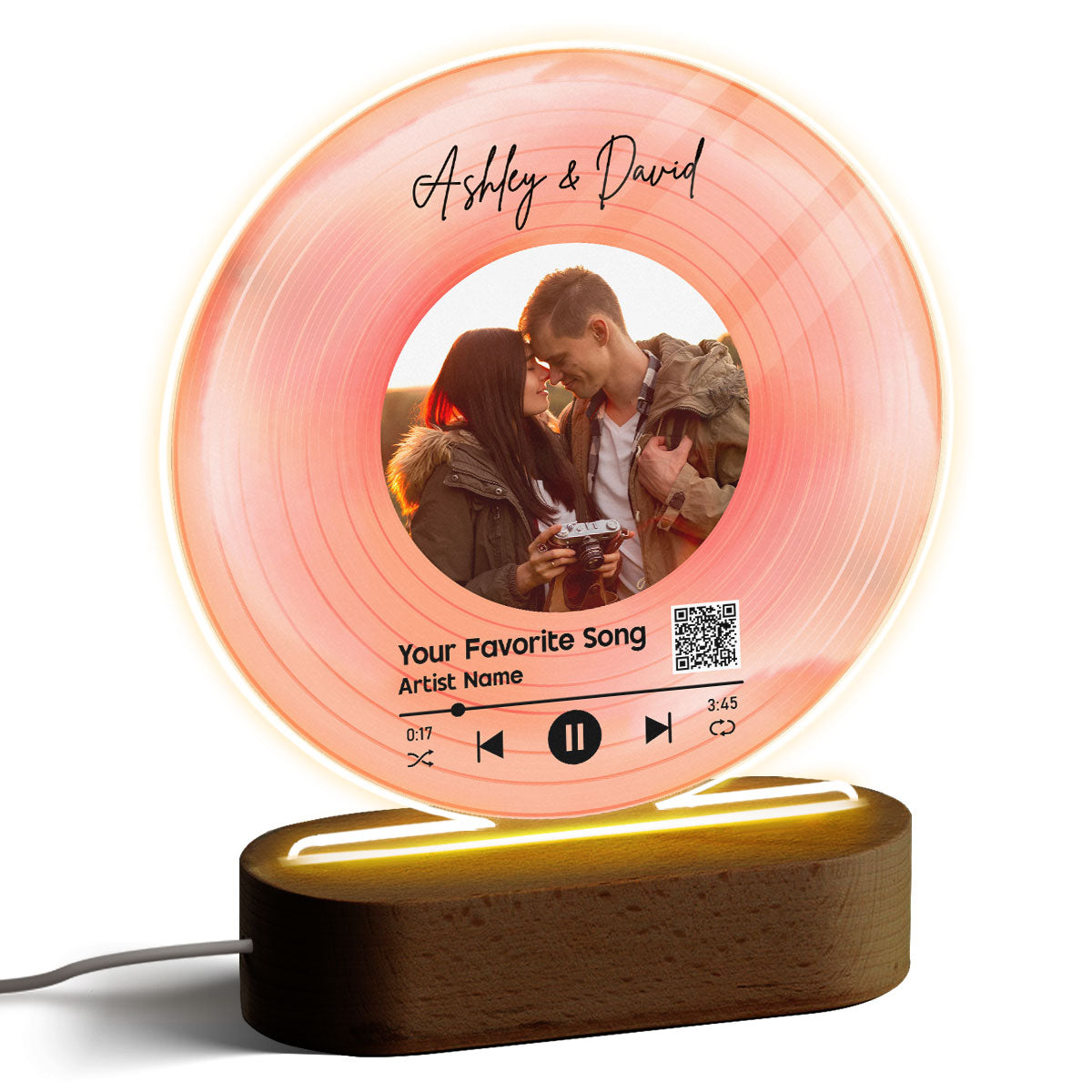 Couple Photo & Favorite Song Scannable QR Code Personalized Acrylic Circle LED Night Light