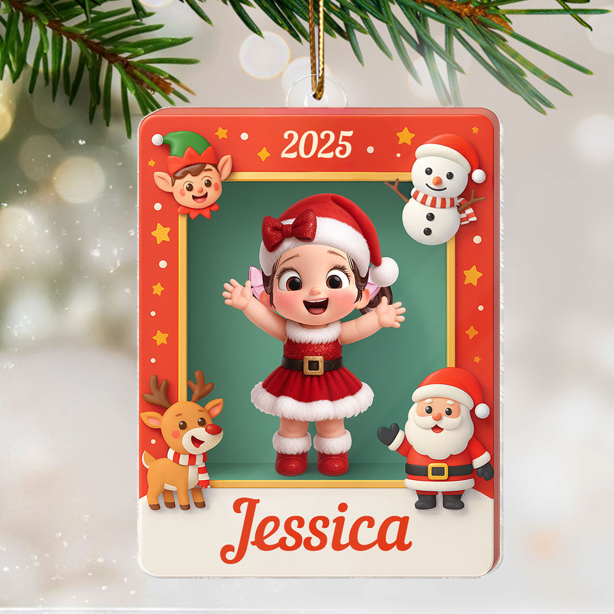 Cute Little Santa Kid in Christmas Box - Personalized Acrylic Ornament - Christmas Gift for Kid, Grandkids