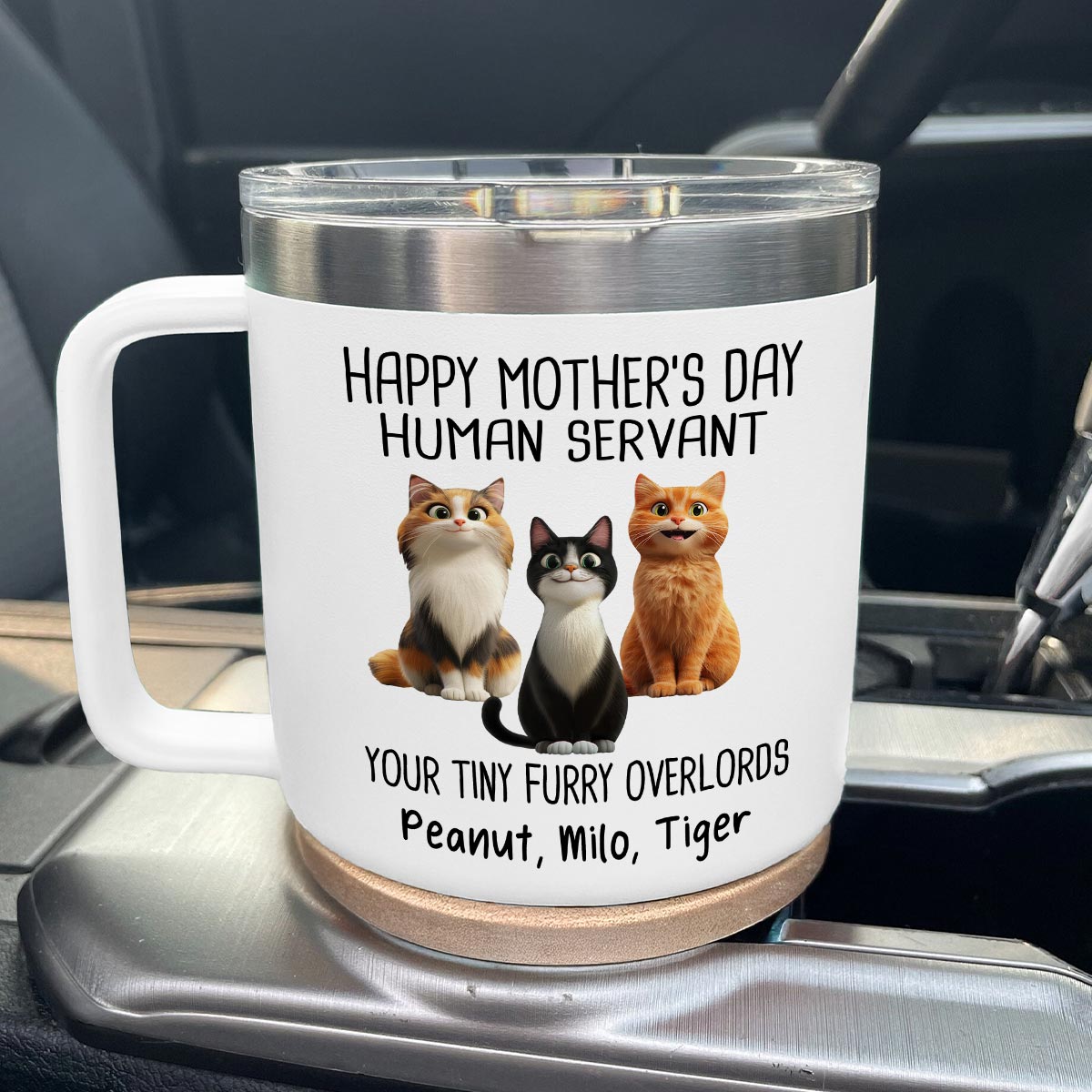Happy Mother's Day Father's Day Human Servant Cartoon Funny Cats Personalized Stainless Steel Tumbler With Handle