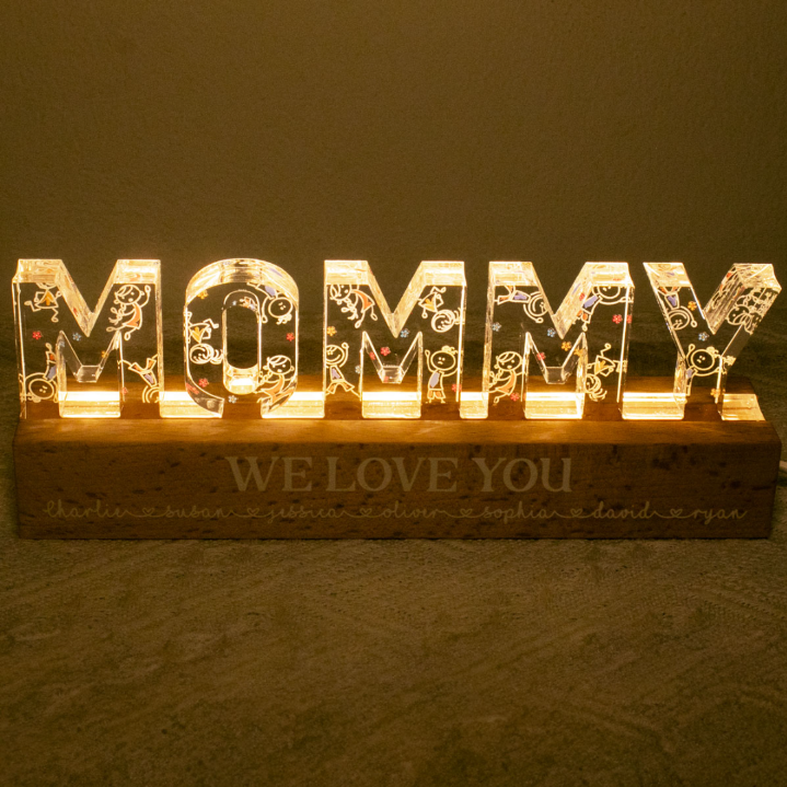 Mommy Drawing Cute Kids Personalized LED Night Light, Gift For Mom