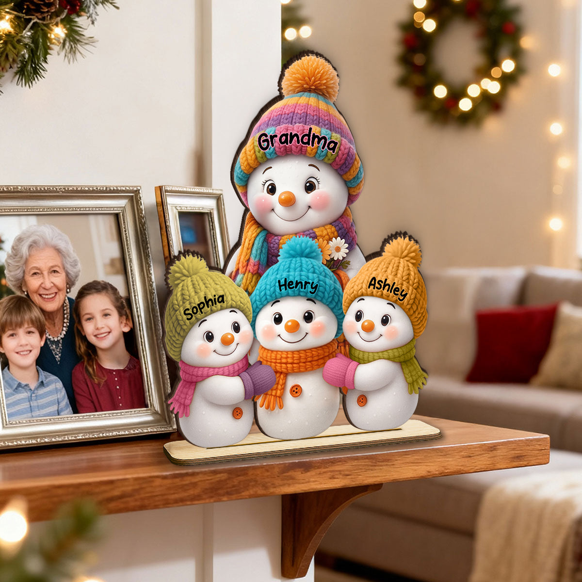 Snowman Grandma and Grandkids - Personalized Wooden Plaque - Fireplace Decor, Christmas Table Centerpiece