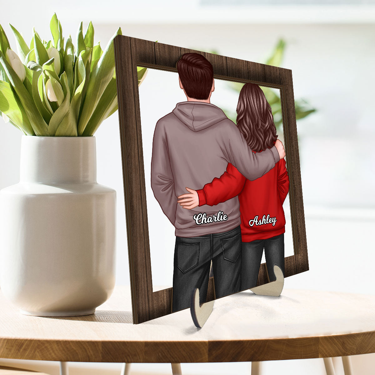 Couple Standing Back View Frame Personalized 2-layer Wooden Plaque