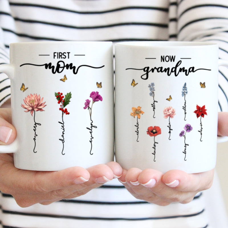 First Mom Now Grandma Birth Flower Personalized Mug