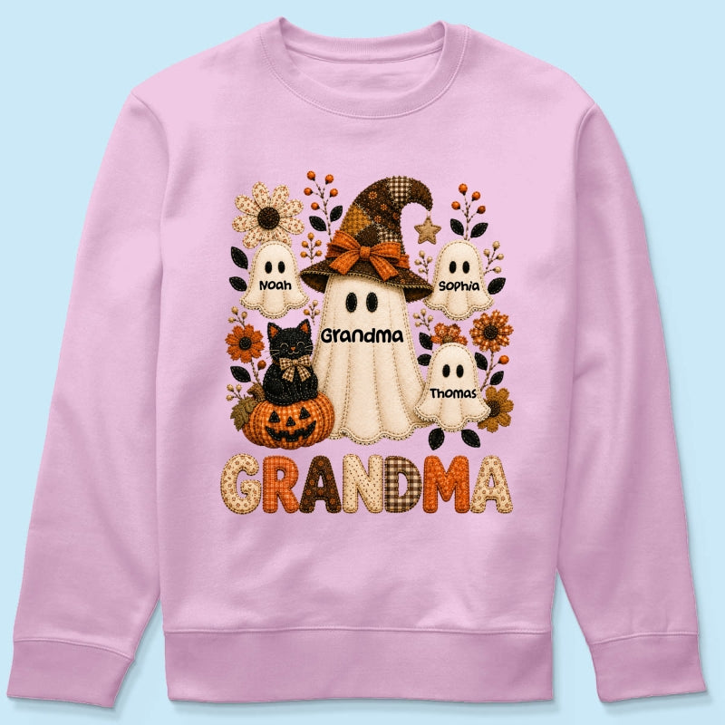 Cute Grandma Boo Witch Fall Season Halloween Faux Patchwork Pattern Coquette - Personalized Shirt - Halloween Gift For Grandma