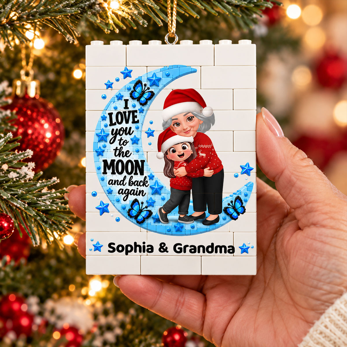 Heartwarming Grandma Hugging Grandkid Love You To The Moon And Back - Personalized Building Blocks Ornament - Christmas Gift For Kids, Son, Grandson, Daughter, Granddaughter