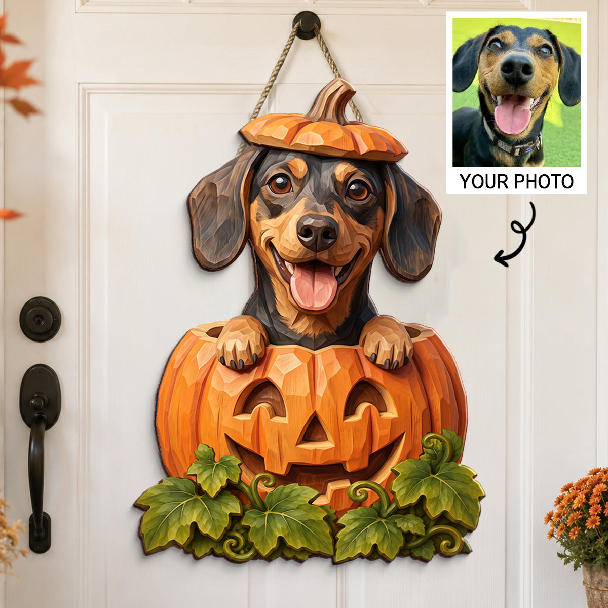 Custom Dog Cat Pumpkin Art - Personalized Wooden Door Sign - Pet Halloween Fall Decor