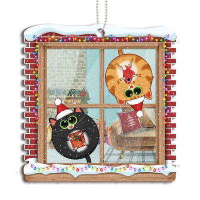 Funny Cat Hanging On Window Personalized Wooden Ornament