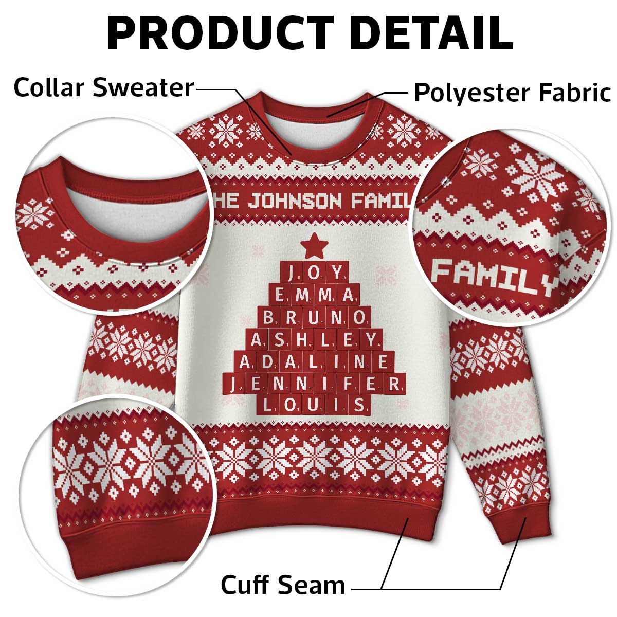 Unique Word Art Family Member Names Personalized Faux Knitting Ugly Sweater