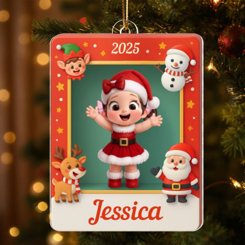 Cute Little Santa Kid in Christmas Box - Personalized Acrylic Ornament - Christmas Gift for Kid, Grandkids