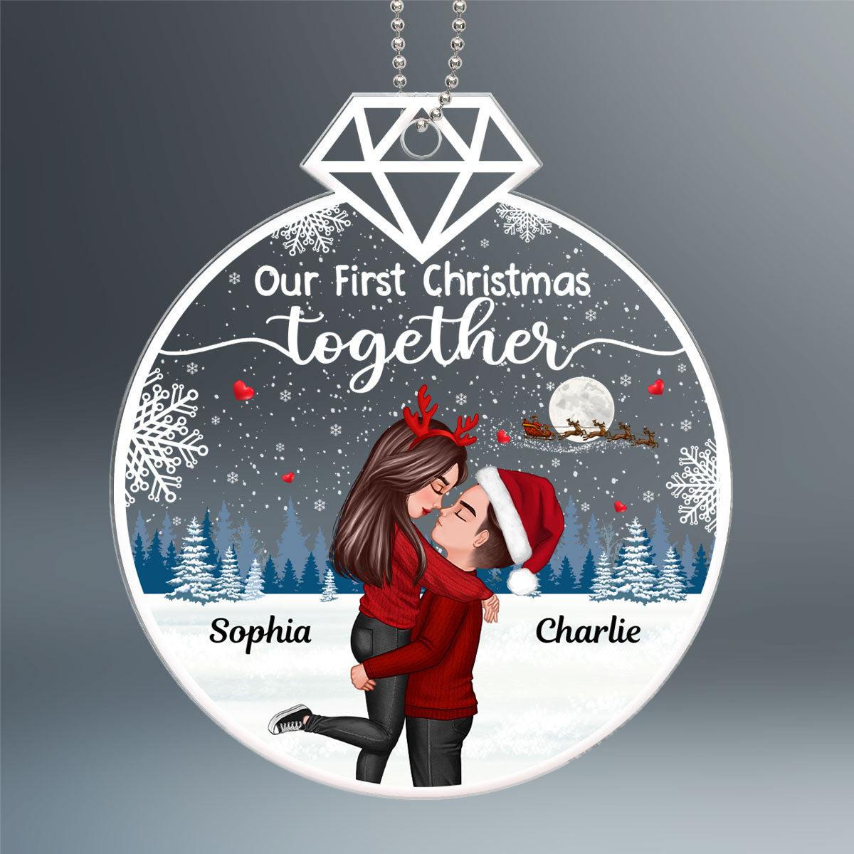 Our First Christmas Ring Shape Doll Couple Hugging Kissing Personalized Acrylic Ornament